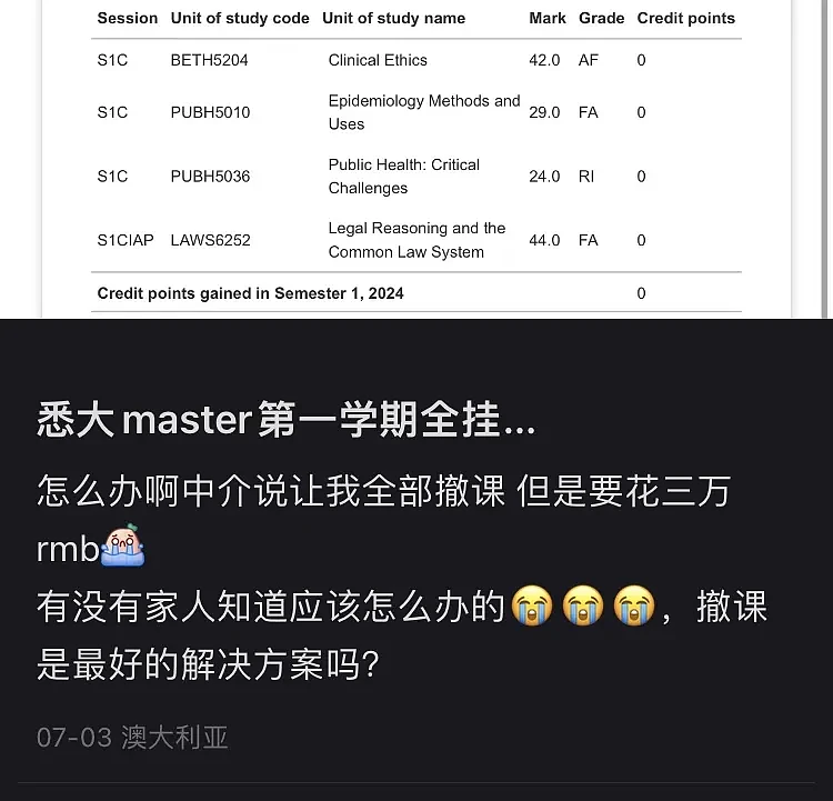 悉大中国留学生专业课全挂，发帖求助被骂惨！中介建议撤课，网友：你平时都干啥了？（组图） - 1