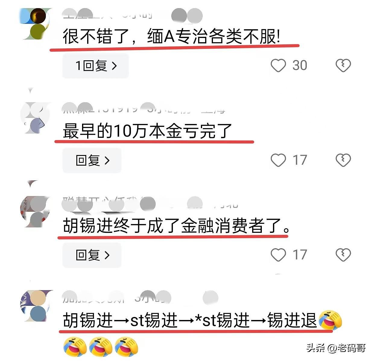 胡锡进炒股总亏损首次突破10万！称“炒成这成绩有点惭愧”，网友：缅A专治各种不服（组图） - 4