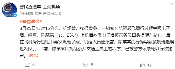 上海一飞机滑行后，25岁女子一个动作延误近2小时！警方通报：拘留（组图） - 2