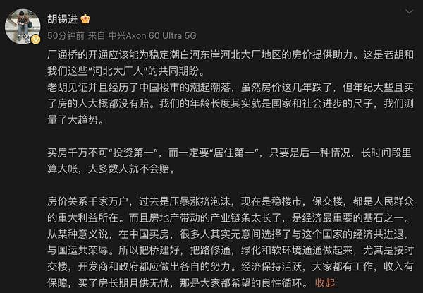 环时前总编胡锡进解除禁言！连发两文谈房市“教不赔钱秘诀”（组图） - 2