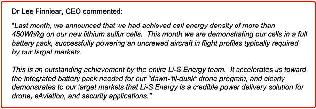 【异动股】Li-S Energy (ASX：LIS) 550克重高密度锂硫电池组成功支持无人机试飞 - 4