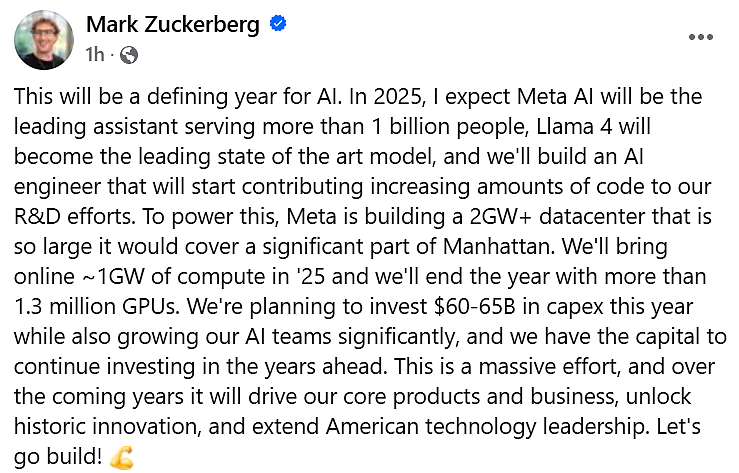 Meta计划今年资本开支至少600亿美元，年底前GPU超130万块，大幅扩充AI团队（组图） - 1