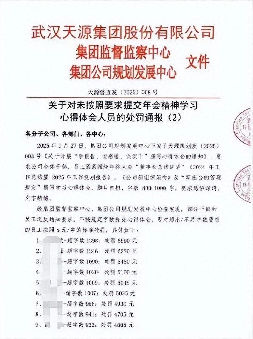 武汉上市公司要员工写“董事长讲话心得”，限字数不达标罚¥5/字（组图） - 2