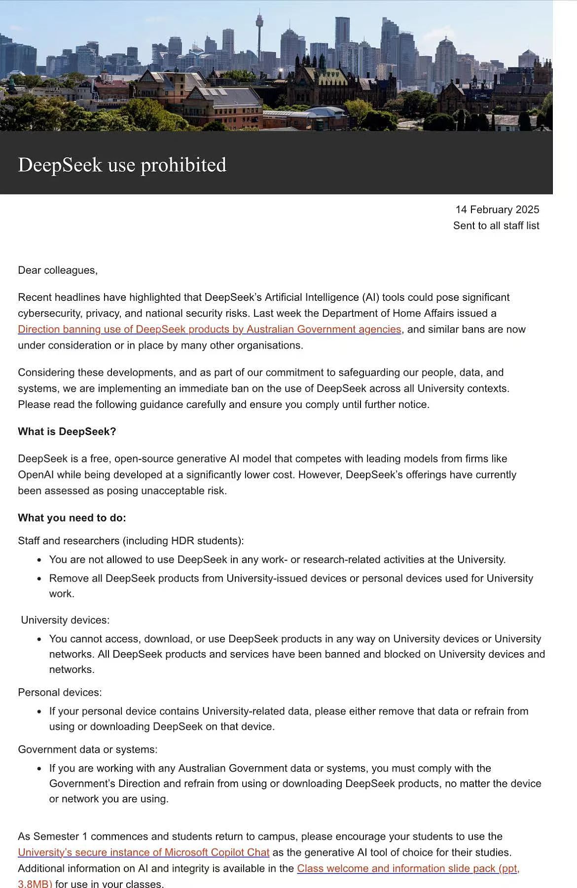 悉尼大学正式官宣：禁止使用deepseek！（组图） - 2