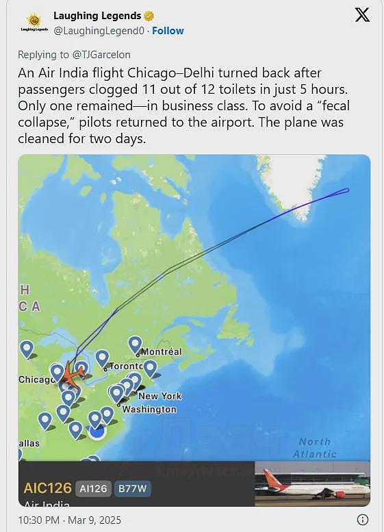 300名乘客崩溃！机上12个厕所堵了11个，国际航班“白飞10小时”后返航（组图） - 2