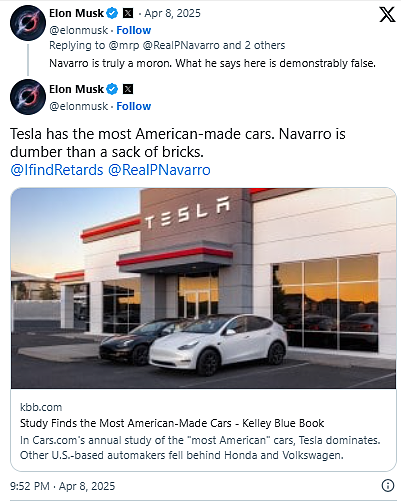 白宫顾问纳瓦罗称Tesla依赖外国零件，马斯克批对方白痴比砖头笨（组图） - 3
