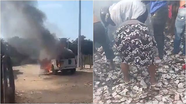 运钞车遭抢!歹徒逃亡“钞票撒满地”,村民疯抢画面曝光(视频/图) - 1