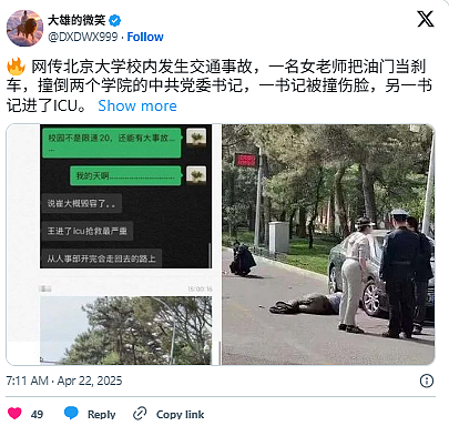 网传北大校内女老师“把油门当刹车”,撞飞两名官员引发网络热议!网友:女版“献忠”(组图) - 3
