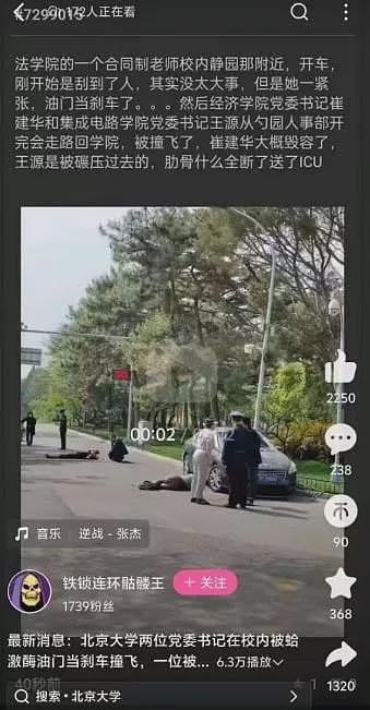 网传北大校内女老师“把油门当刹车”,撞飞两名官员引发网络热议!网友:女版“献忠”(组图) - 7