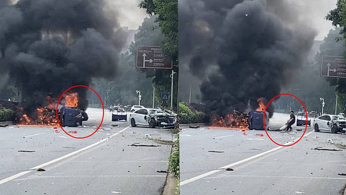 两车相撞起火司机受困！广东勇汉冒爆炸风险“肉身拆车”救人画面曝（视频/组图） - 1