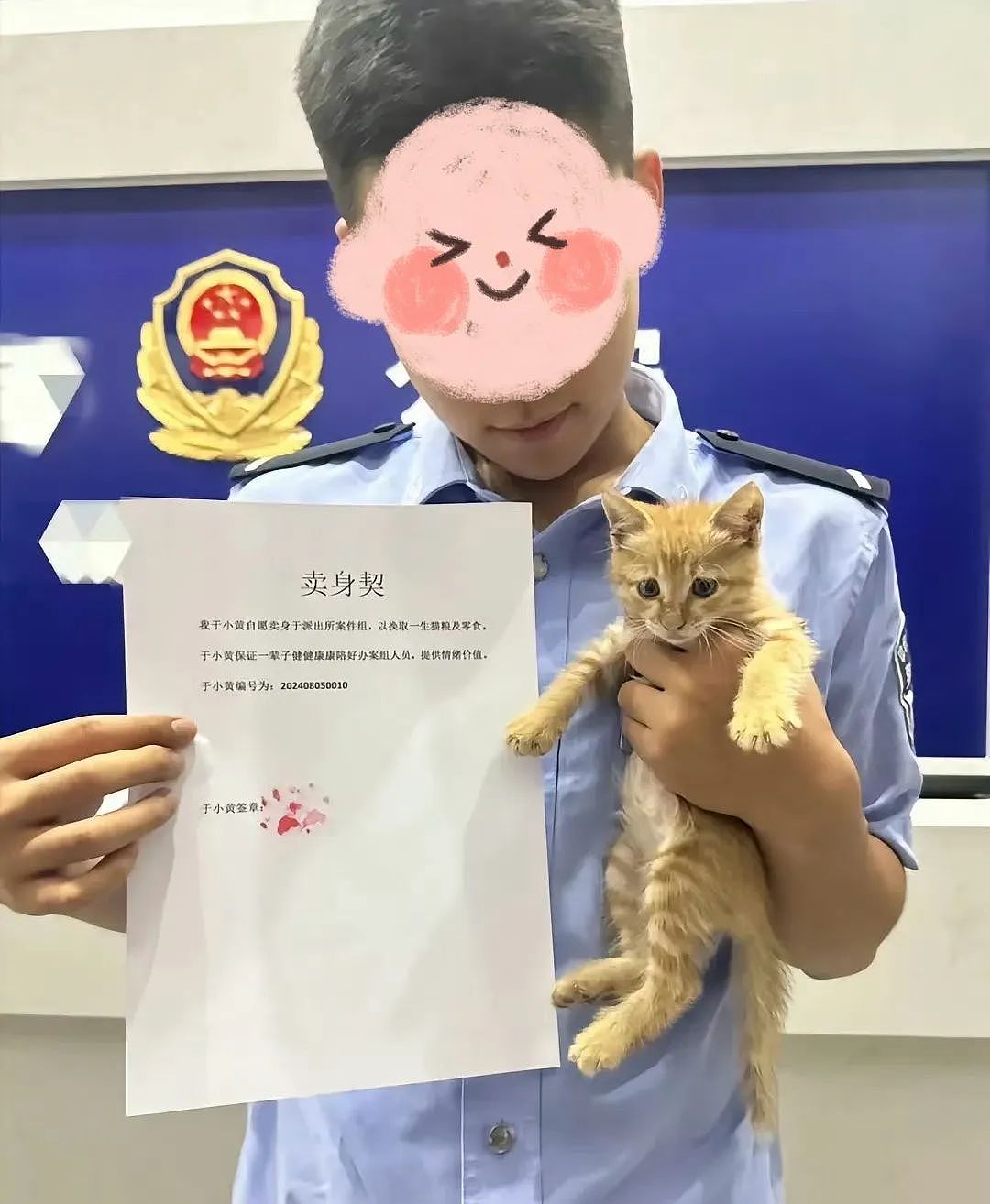 【宠物】民警小哥捡到一只小橘猫，带回派出所签卖身契，网友看完合照笑喷：它真是自愿的吗（组图） - 16