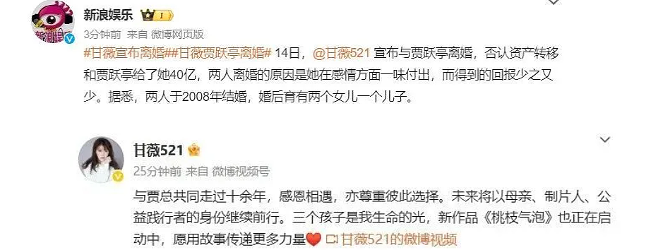 演员甘薇宣布与贾跃亭离婚,否认收到40亿补偿(组图) - 1