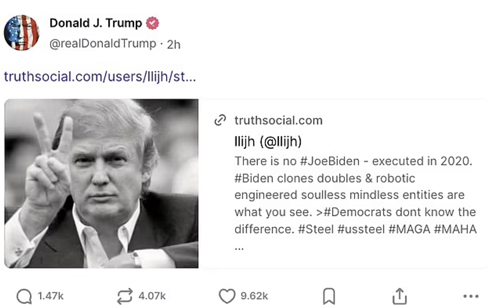 活着的拜登是“克隆人”？特朗普在社交平台分享离奇阴谋论：暗示拜登已于2020年去世（组图） - 3