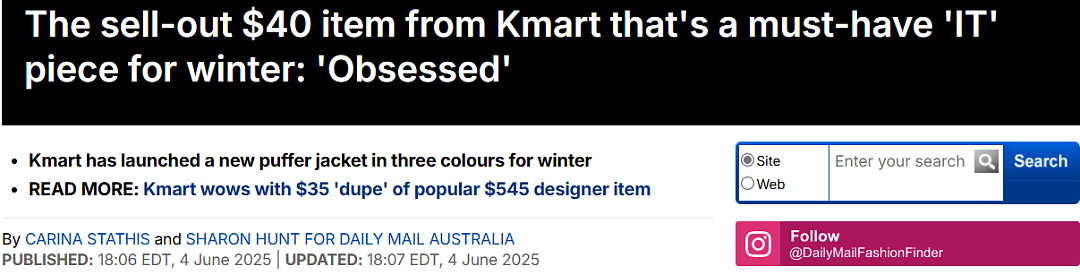 平价中的王者！Kmart $40刀羽绒成今冬最火单品！闭眼入（组图） - 1