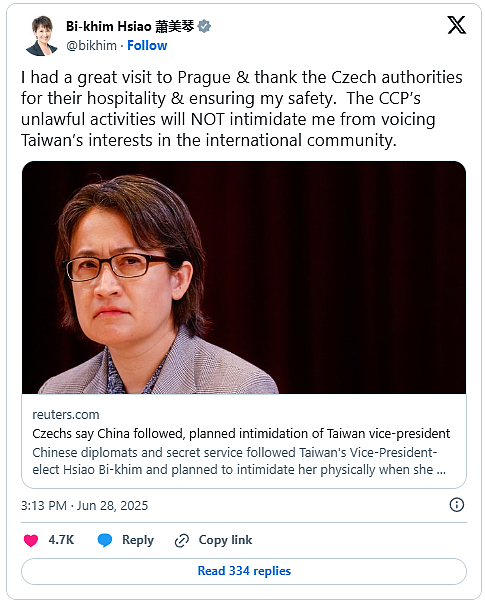 去年访问捷克被中方尾随,萧美琴称不会被阻吓(视频/组图) - 1