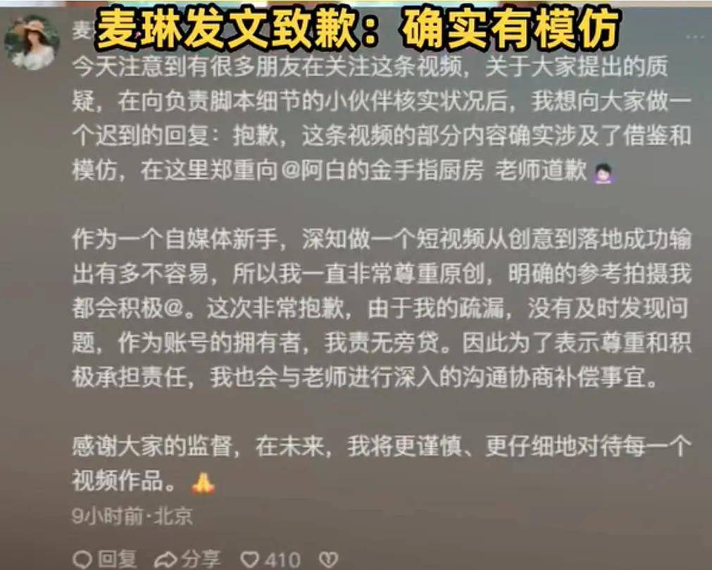 麦琳抄袭风波升级！道歉但不删视频，被抄袭博主是孕妇留言求放过（组图） - 3
