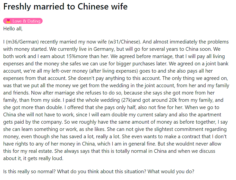 新婚不久，中国妻子突然来一句话，外国丈夫脸都绿了…（组图） - 1