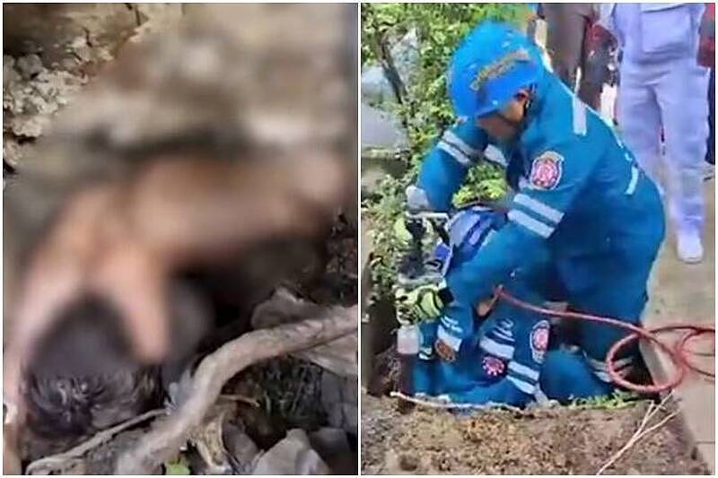 美籍裸男卡曼谷水沟，咬人拒救援，最后狼狈被拖出（图） - 1