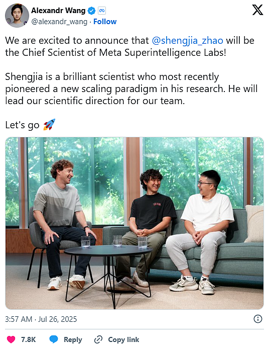 ChatGPT创办人赵晟佳跳槽Meta,担任超级智能实验室首席科学家(组图) - 2