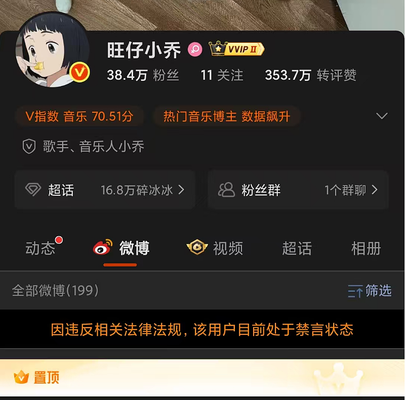 网红“旺仔小乔”微博被禁言,抖音已掉粉超430万;其蒙面演唱会已延期,公开道歉信被指查重率达97%(组图) - 1