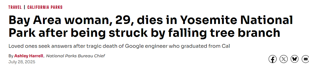 悲剧!29岁华人谷歌工程师优胜美地被树枝砸死,男友目睹全过程却无能为力(组图) - 1