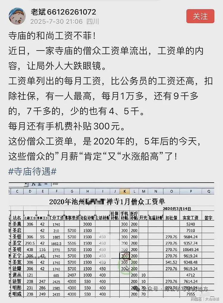 大跌眼镜!网传安徽一寺庙的僧众工资单流出,最高收入有一万多…(组图) - 1