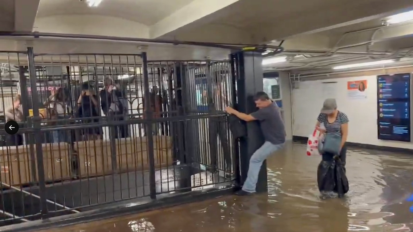 纽约暴雨成灾地铁站成泽国,乘客紧握栏杆一个个爬出站(视频/组图) - 1