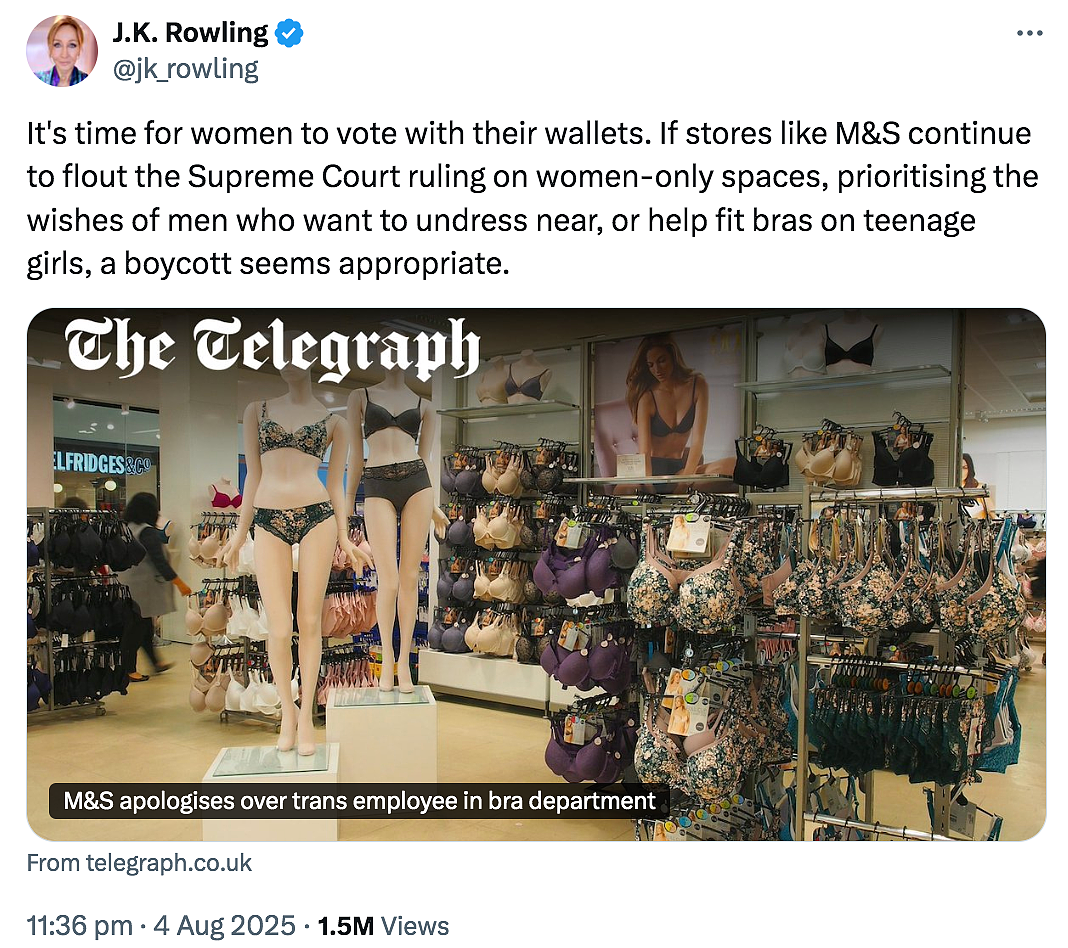 英国玛莎“翻车”！少女买内衣遭魁梧“男跨女”员工接待？母亲震怒投诉，JK罗琳怒炸开怼（组图） - 7