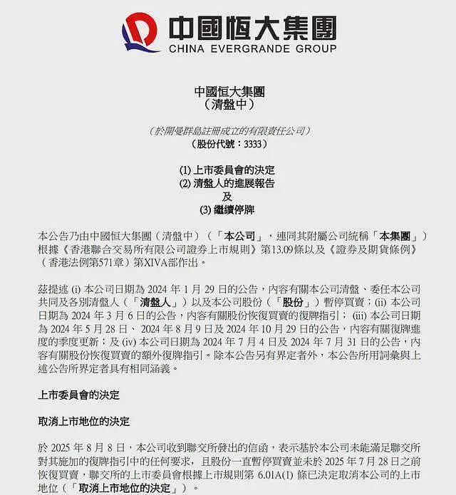 恒大退市!3500亿债务仅回笼20亿,债主哭得更大声(组图) - 2