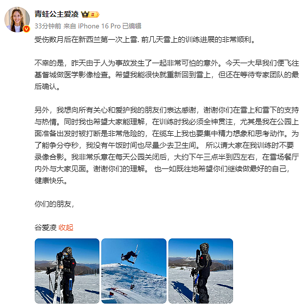 谷爱凌新西兰雪场训练突发意外!遭遇“人为事故”!担架抬离雪场,本人发声回应伤情(组图) - 2