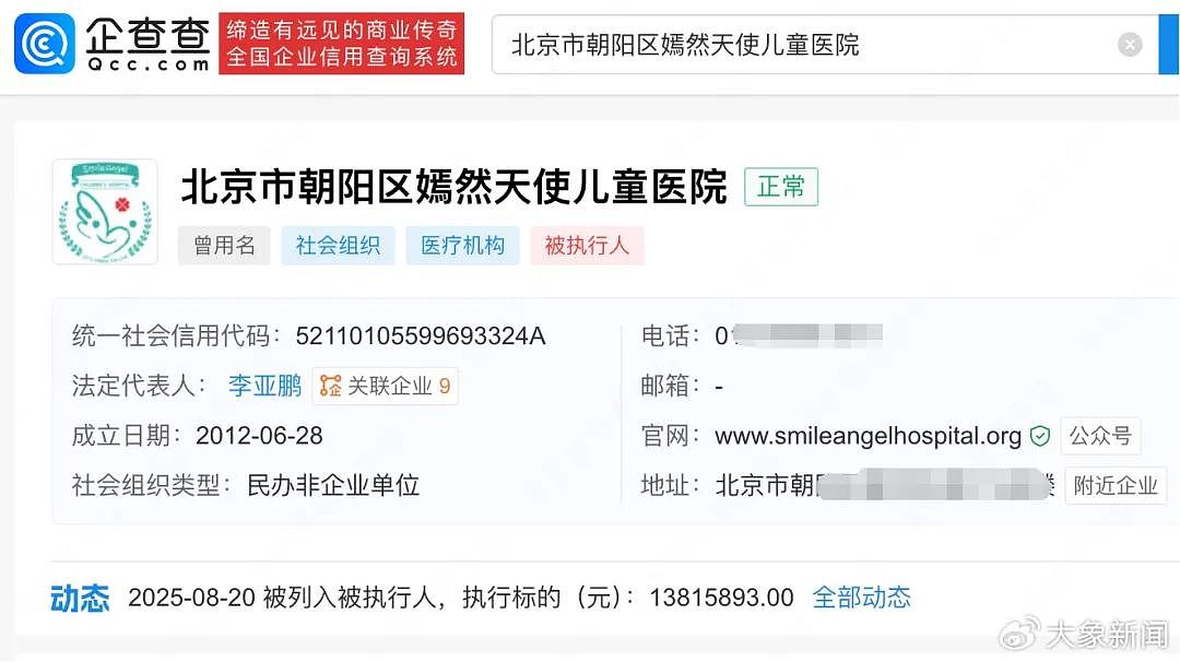 李亚鹏名下嫣然天使儿童医院被执行1381万,该医院涉多起司法案件,多为被告身份(组图) - 2