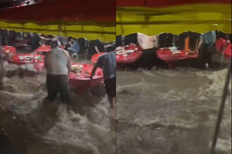 真“流水席”！中国山西喜宴遇暴雨，宾客滑倒、椅子冲走超狼狈（视频/组图） - 1