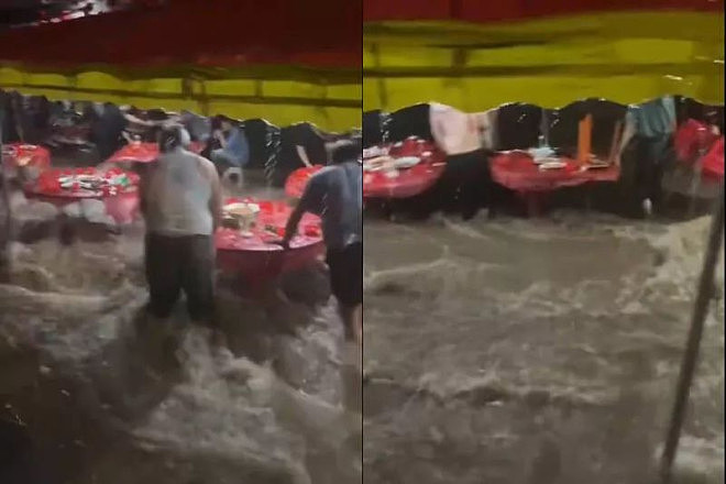 真“流水席”！喜宴遇暴雨，宾客滑倒，椅子冲走…（图） - 1