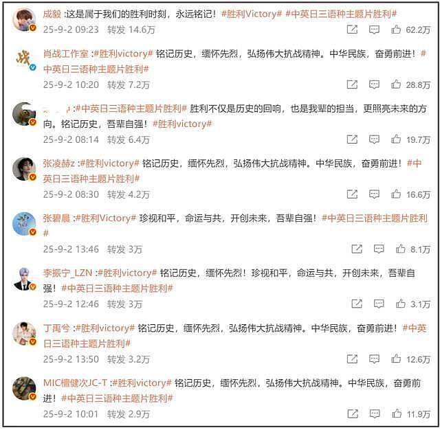 众星转发抗战胜利!台湾艺人集体缺席引关注,网友:陆委会又威胁上了(组图) - 12