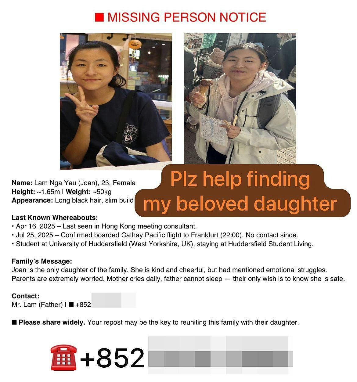 23岁香港女生留学英国,失联后揭已办退学!家人网上发帖找寻(组图) - 4