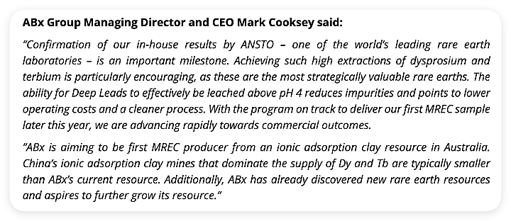 【异动股】ABx Group (ASX:ABX)暴涨八成:ANSTO证实塔州Deep Leads稀土项目镝铽提取率高达70% - 3
