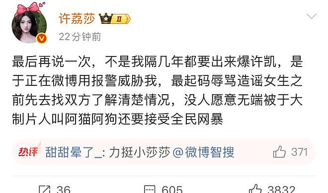 许荔莎回应锤许凯原因，称于正报警威胁她：没人愿意被全民网暴（组图） - 11