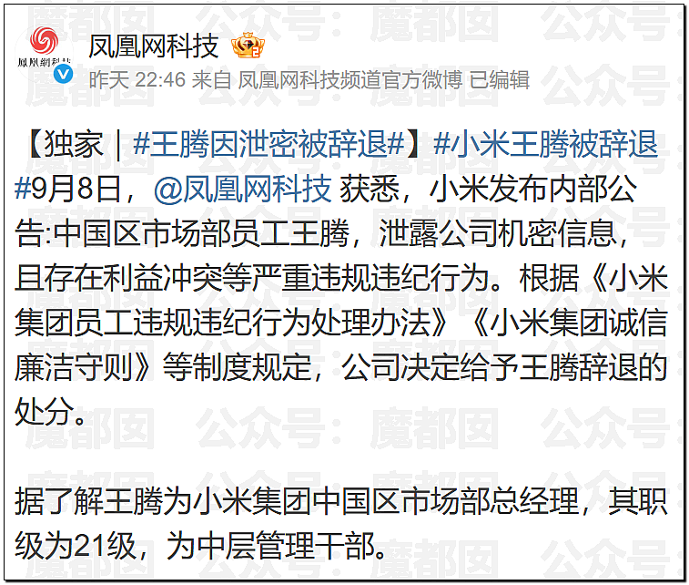 热搜爆一！小米深夜紧急开除王腾！绿厂高管离职，惊人内幕（组图） - 3