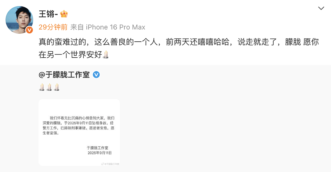 于朦胧坠楼身亡,印小天、张云龙等艺人发文悼念,主演节目原计划明晚央视播出(组图) - 7