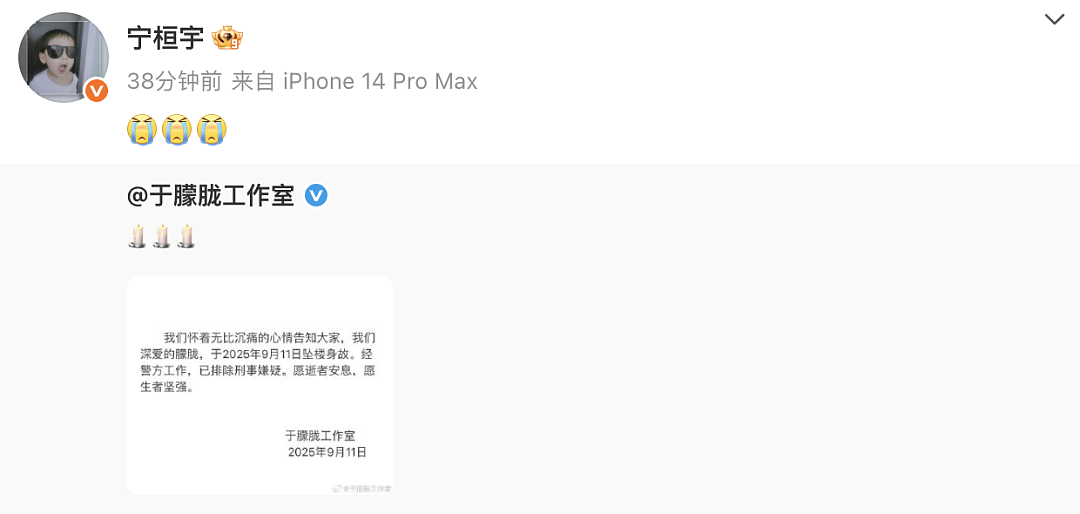 于朦胧坠楼身亡,印小天、张云龙等艺人发文悼念,主演节目原计划明晚央视播出(组图) - 9