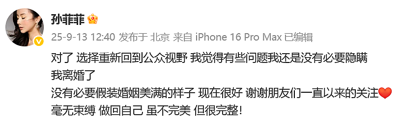 44岁孙菲菲宣布离婚:没必要假装婚姻美满,现在很好,毫无束缚做回自己(组图) - 1