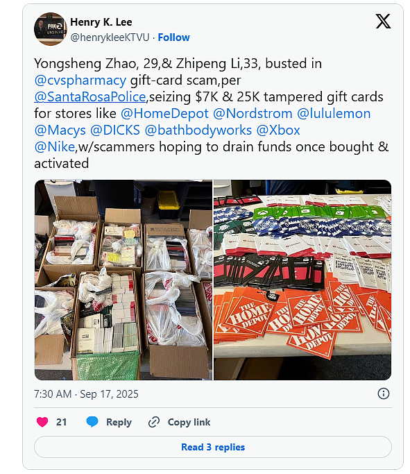 两名华人篡改礼品卡被警方盯上,你花钱他赚钱(图) - 1