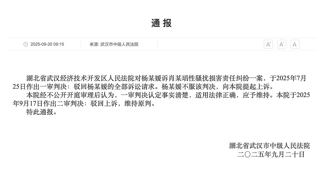 武汉中院：驳回杨某媛上诉，维持原判（组图） - 2