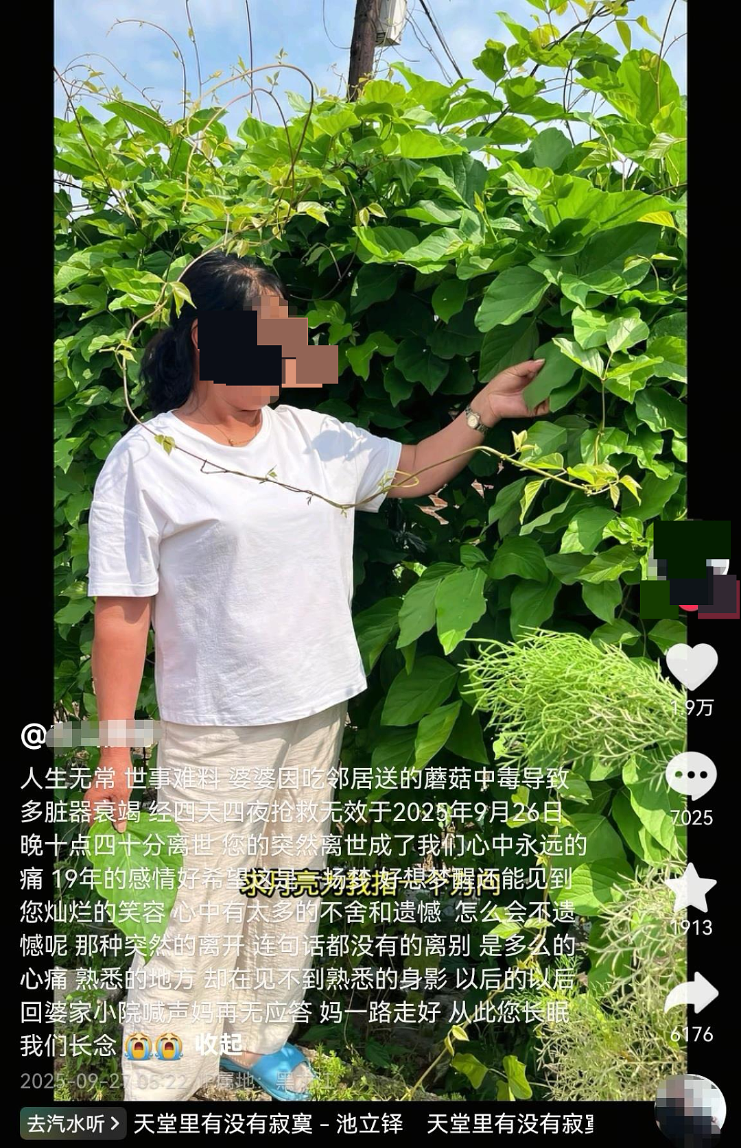 网红发文悼念去世婆婆，称她吃了邻居送的蘑菇中毒，抢救4天4夜无效，村民：不是第一次送了（组图） - 1