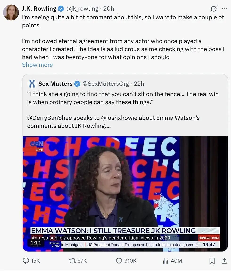 JK罗琳千字长文开撕“赫敏”艾玛·沃森示好!讽她挺跨性别言论无知假惺惺:你没资格代表《哈利·波特》(组图) - 10