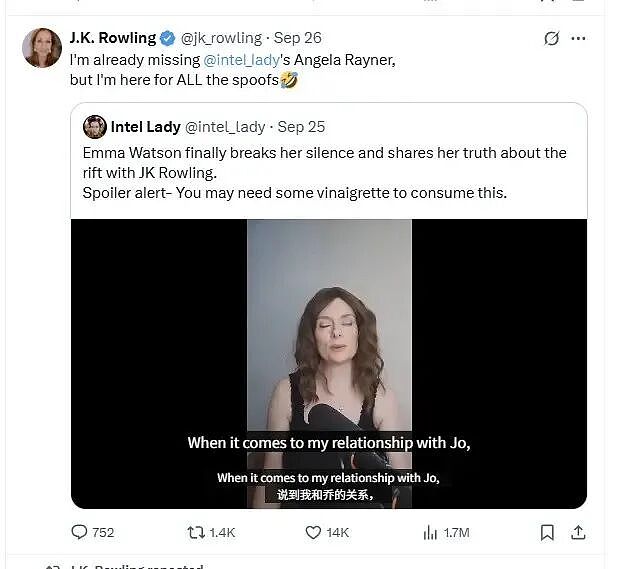 JK罗琳千字长文开撕“赫敏”艾玛·沃森示好!讽她挺跨性别言论无知假惺惺:你没资格代表《哈利·波特》(组图) - 6