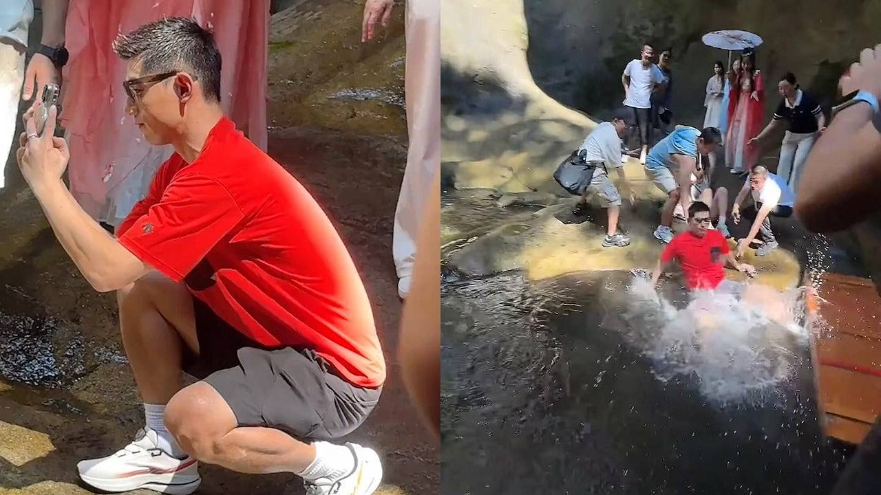 奥运冠军张继科蹲地拍照，下一秒即落水！景区回应：人没事（视频/组图） - 1