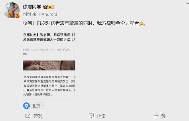 陈震车祸比亚迪车主妻子发声：丈夫多处骨折！陈震回应：全力配合、做好后续工作、补偿损失（组图） - 2