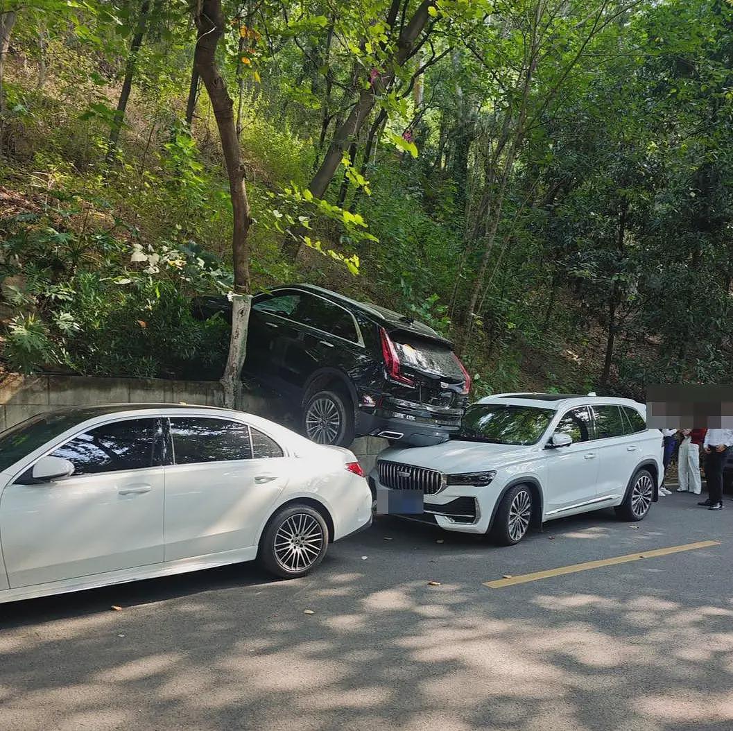 SUV失控“倒立”边坡，压在另一辆车上！油门当刹车（组图） - 1