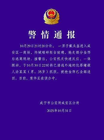 湖北金店遭持械抢劫，猛锤碎柜掳多件饰品，警拘35岁男疑犯（视频/组图） - 2
